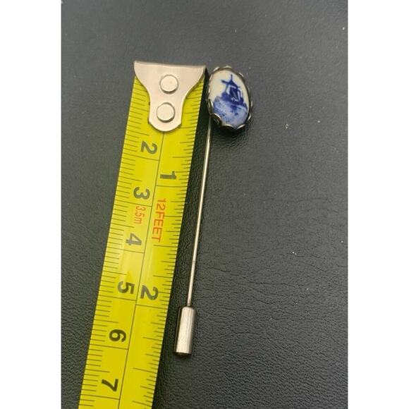 Vintage Delft Blue Porcelain Silver Tone Windmill Stick Pin - Picture 3 of 4